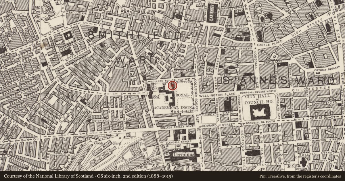 Ordnance Survey six-inch map, 2nd edition (1888–1915) covering the location of Royal Belfast Academical Institution, Town Parks, Belfast, with a pin at the register's coordinates