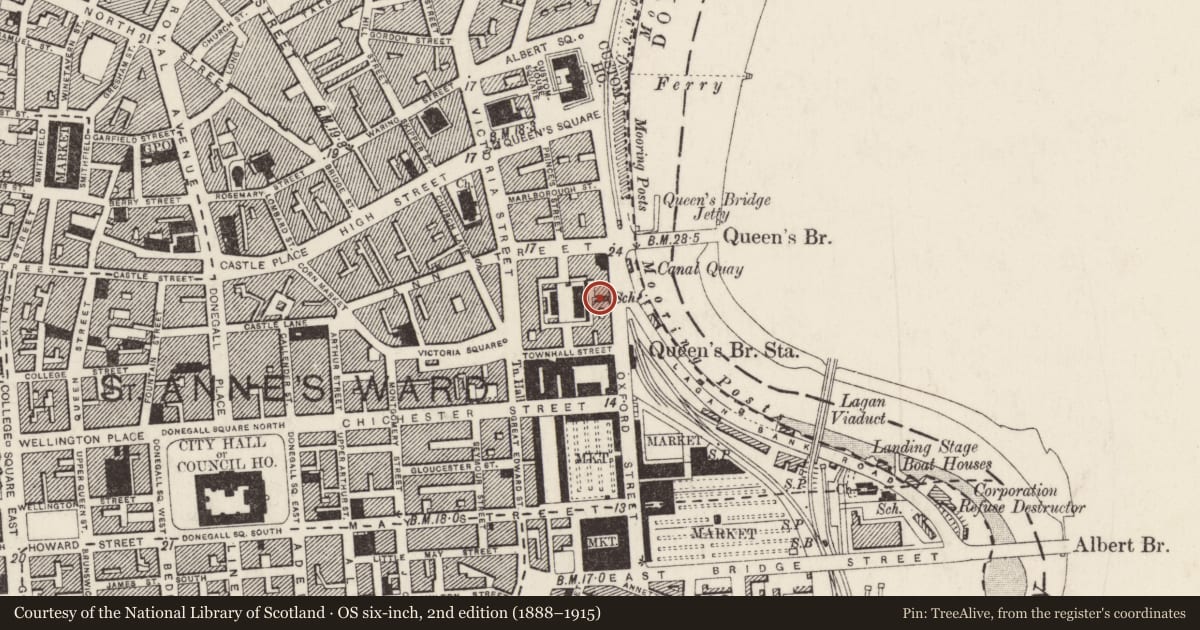 Ordnance Survey six-inch map, 2nd edition (1888–1915) covering the location of The Former St. Malachy'S School, Town Parks, Belfast, with a pin at the register's coordinates