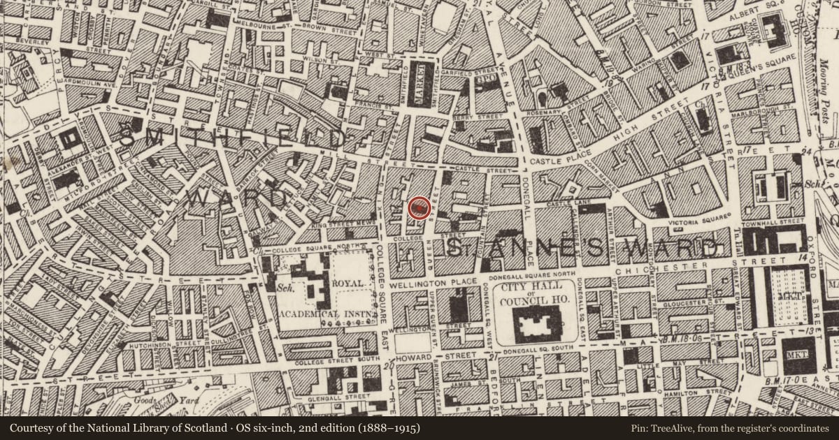 Ordnance Survey six-inch map, 2nd edition (1888–1915) covering the location of RUC Barracks, Town Parks, Belfast, with a pin at the register's coordinates