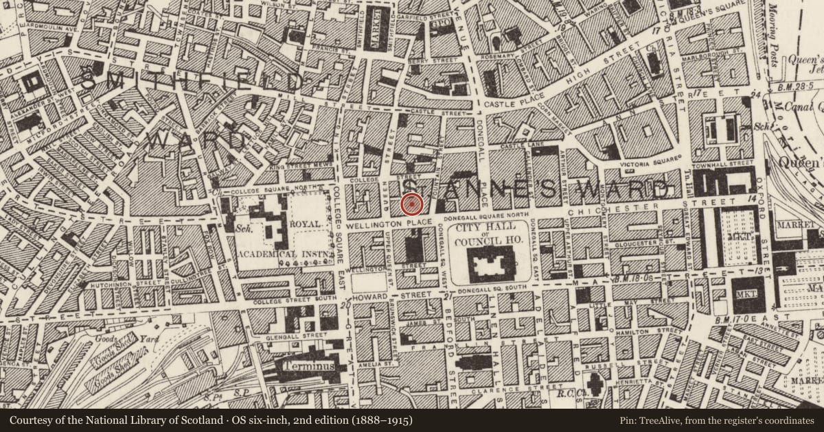 Ordnance Survey six-inch map, 2nd edition (1888–1915) covering the location of 7 Wellington Place, Town Parks, Belfast, with a pin at the register's coordinates