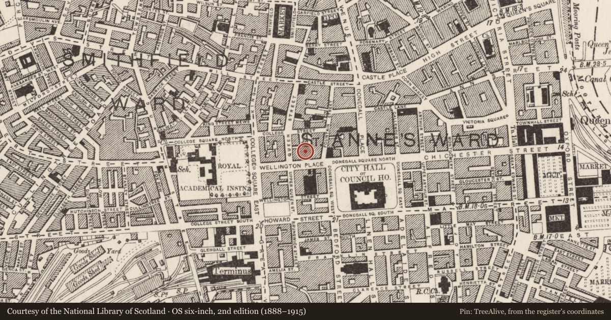 Ordnance Survey six-inch map, 2nd edition (1888–1915) covering the location of 9 Wellington Place, Belfast, Co Antrim, BT1 6GB, Belfast, with a pin at the register's coordinates