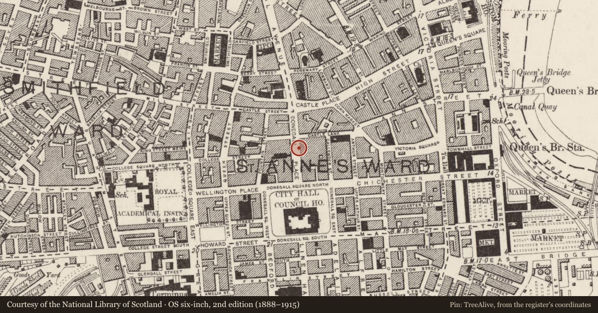 Ordnance Survey six-inch map, 2nd edition (1888–1915) covering the location of 36-38 Donegall Place, Town Parks, Belfast, with a pin at the register's coordinates