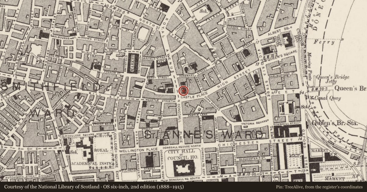Ordnance Survey six-inch map, 2nd edition (1888–1915) covering the location of Ulster Club, Belfast, with a pin at the register's coordinates