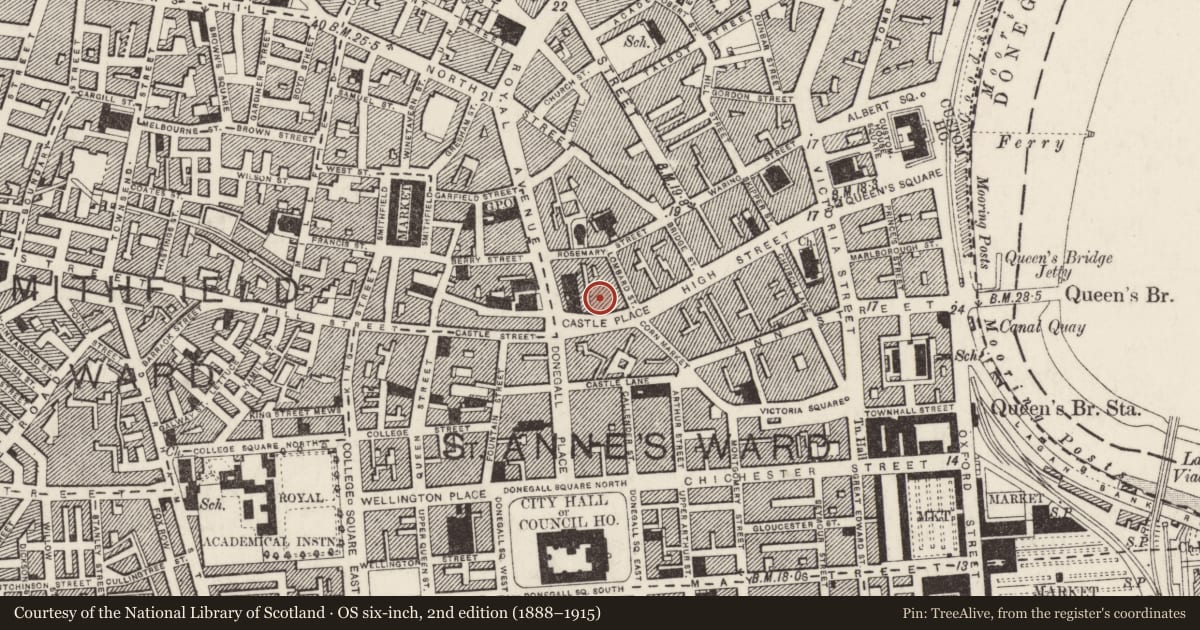 Ordnance Survey six-inch map, 2nd edition (1888–1915) covering the location of 1-15 Castle Place And 2-8 Lombard St. Belfast, Belfast, with a pin at the register's coordinates