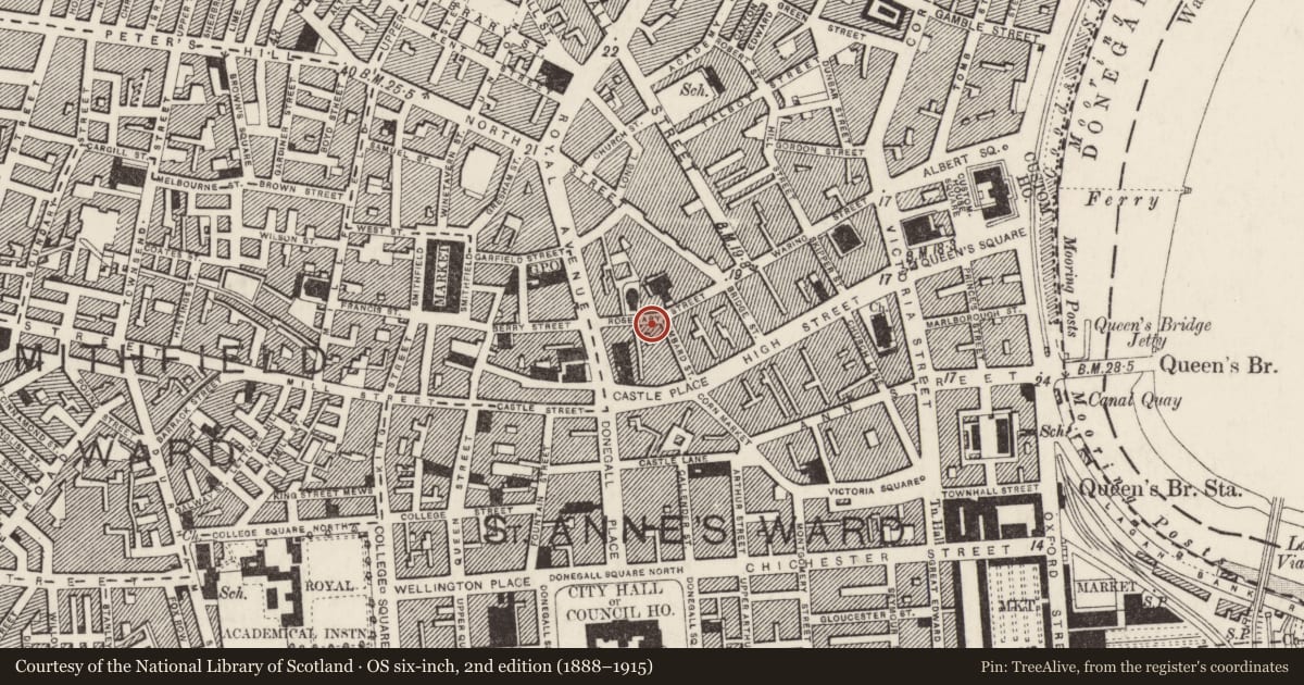 Ordnance Survey six-inch map, 2nd edition (1888–1915) covering the location of Gordon House, Belfast, with a pin at the register's coordinates