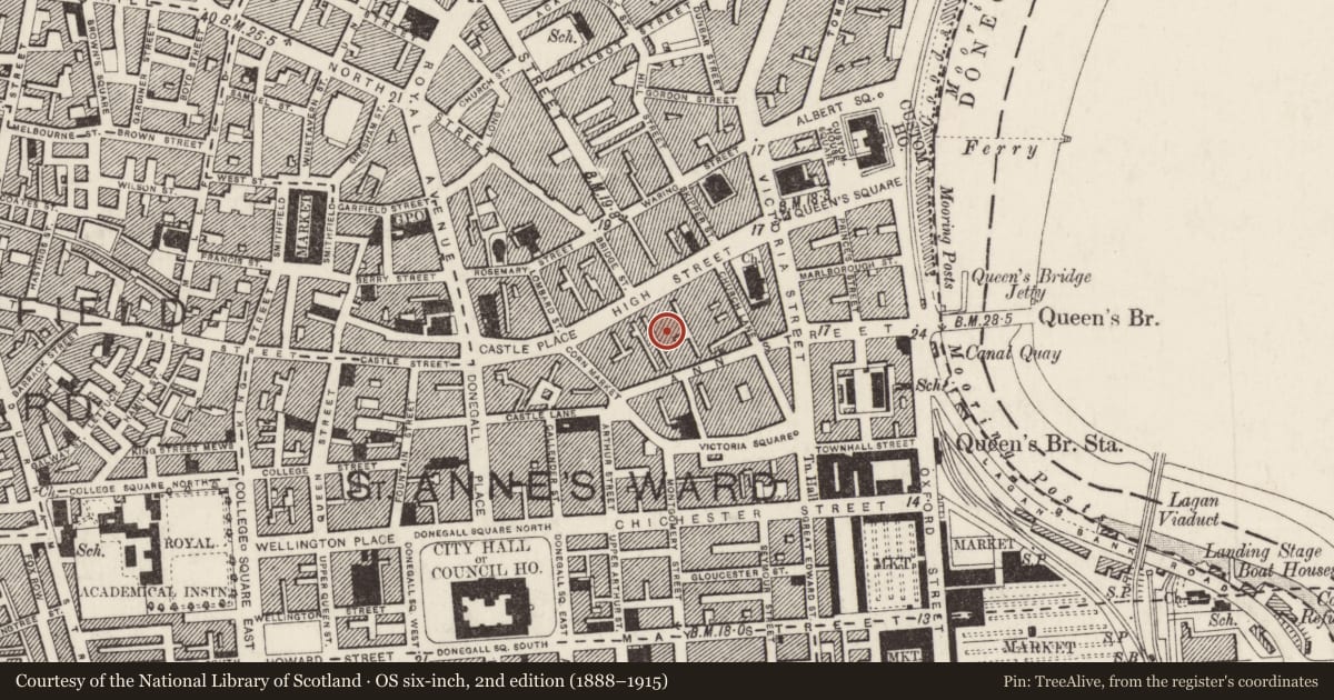 Ordnance Survey six-inch map, 2nd edition (1888–1915) covering the location of 3-7 Pottingers Court, Belfast, with a pin at the register's coordinates