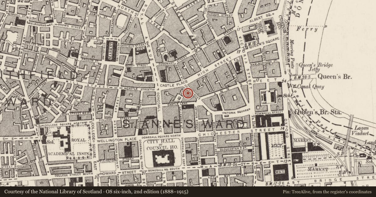 Ordnance Survey six-inch map, 2nd edition (1888–1915) covering the location of 11-17 Corn Market, Belfast, with a pin at the register's coordinates