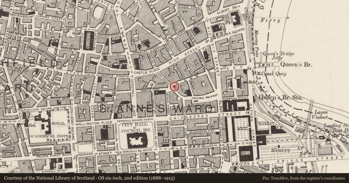 Ordnance Survey six-inch map, 2nd edition (1888–1915) covering the location of Masonic Building, Town Parks, Belfast, with a pin at the register's coordinates