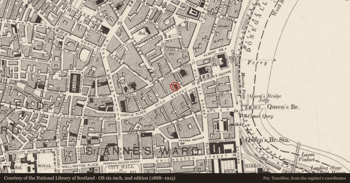 Ordnance Survey six-inch map, 2nd edition (1888–1915) covering the location of Bank of Ireland, Town Parks, Belfast, with a pin at the register's coordinates