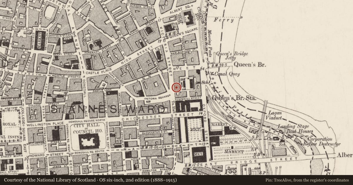 Ordnance Survey six-inch map, 2nd edition (1888–1915) covering the location of 54-68 Victoria Street, Belfast, with a pin at the register's coordinates