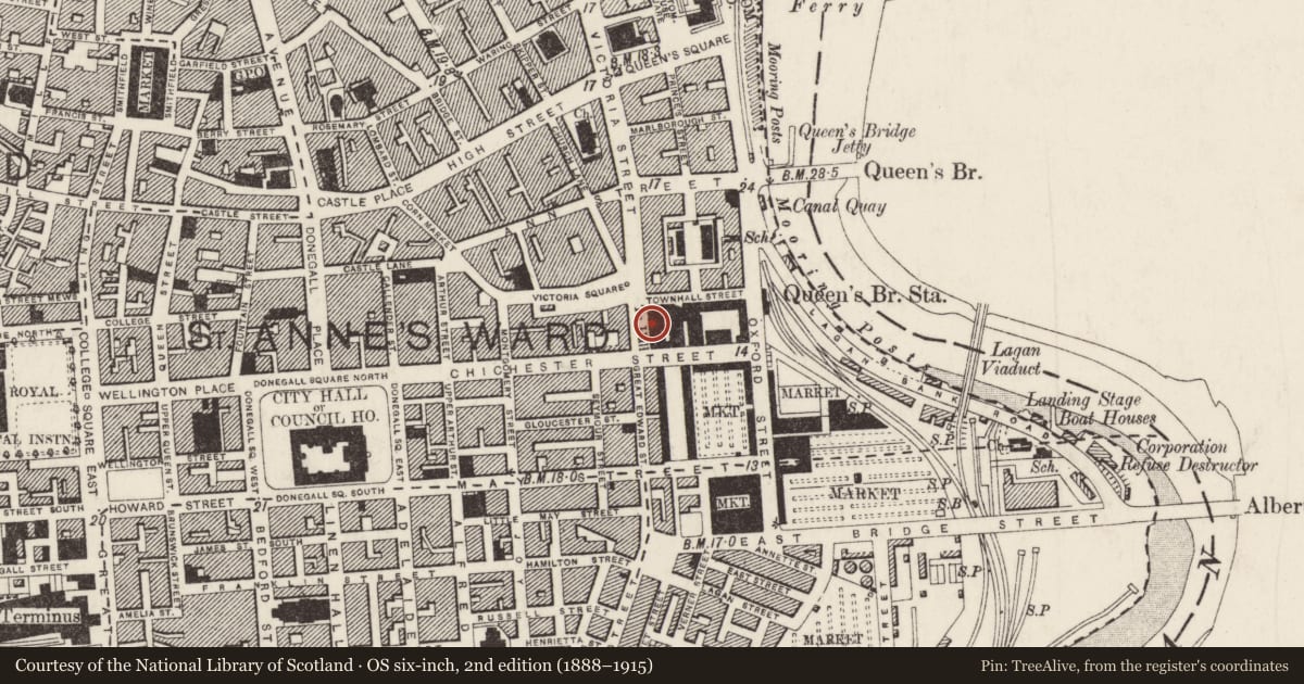 Ordnance Survey six-inch map, 2nd edition (1888–1915) covering the location of Old Town Hall, Town Parks, Belfast, with a pin at the register's coordinates
