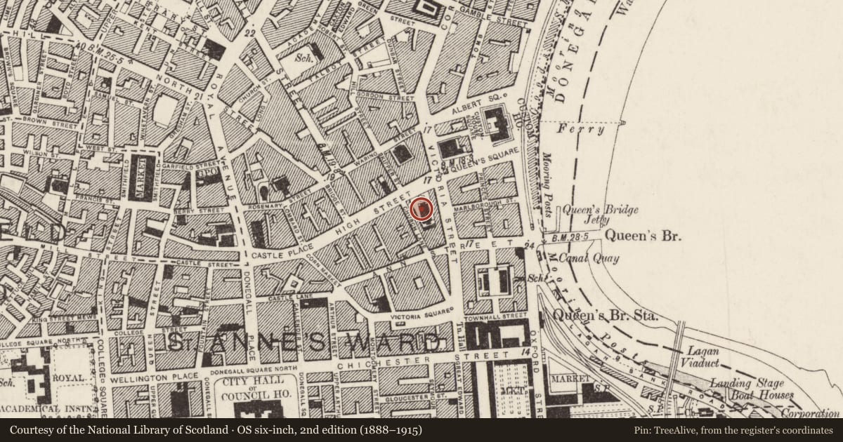 Ordnance Survey six-inch map, 2nd edition (1888–1915) covering the location of St George's Church, Town Parks, Belfast, with a pin at the register's coordinates