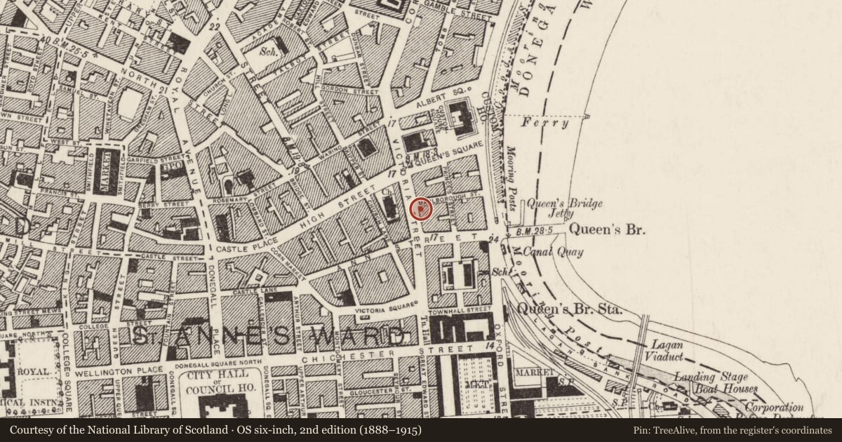 Ordnance Survey six-inch map, 2nd edition (1888–1915) covering the location of Malmaison Hotel, Town Parks, Belfast, with a pin at the register's coordinates