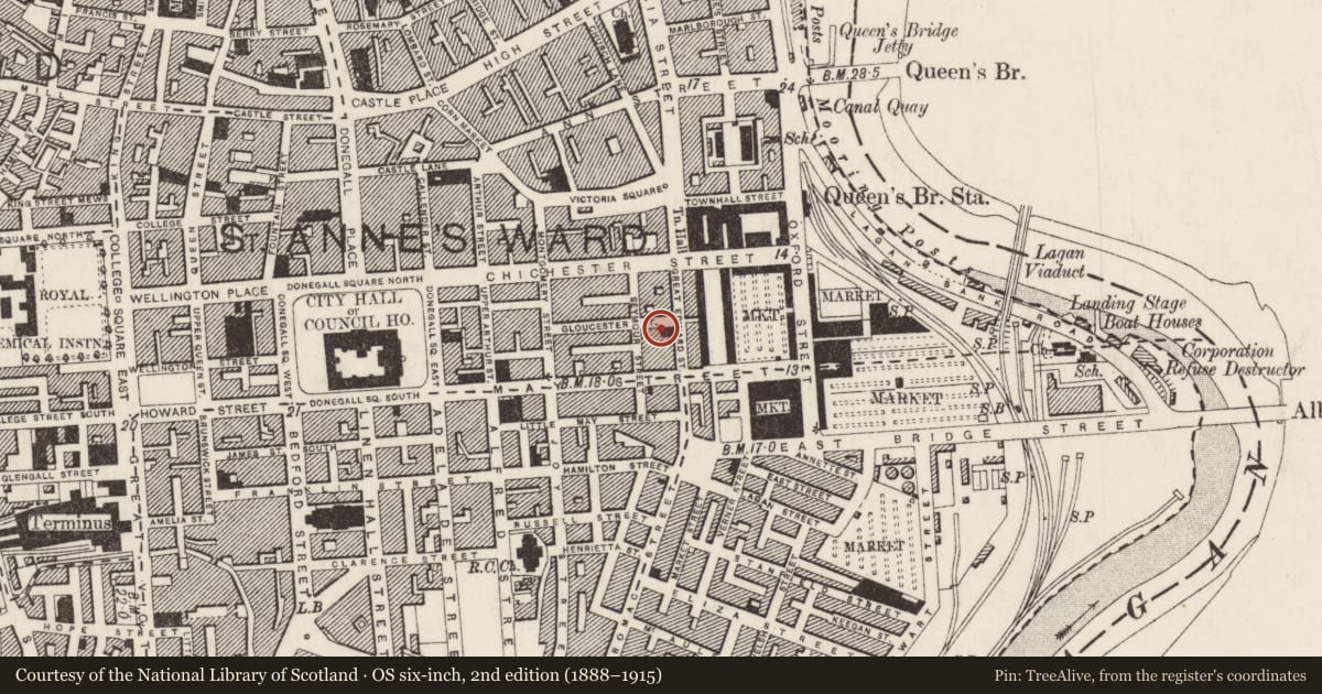 Ordnance Survey six-inch map, 2nd edition (1888–1915) covering the location of 161-163 Victoria Street & 2 Glouchester Street, Town Parks, Belfast, with a pin at the register's coordinates
