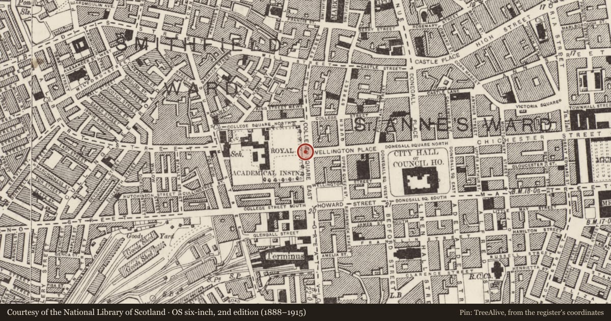 Ordnance Survey six-inch map, 2nd edition (1888–1915) covering the location of Dr Cooke Statue, Town Parks, Belfast, with a pin at the register's coordinates