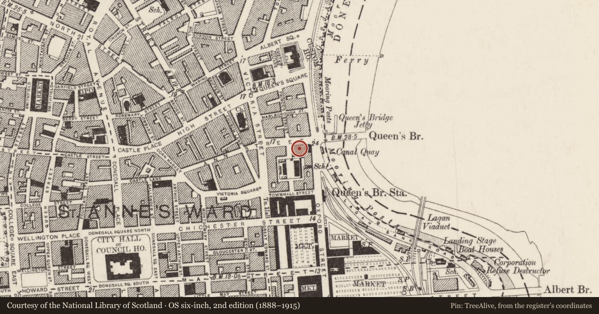 Ordnance Survey six-inch map, 2nd edition (1888–1915) covering the location of Riddel Building, Town Parks, Belfast, with a pin at the register's coordinates