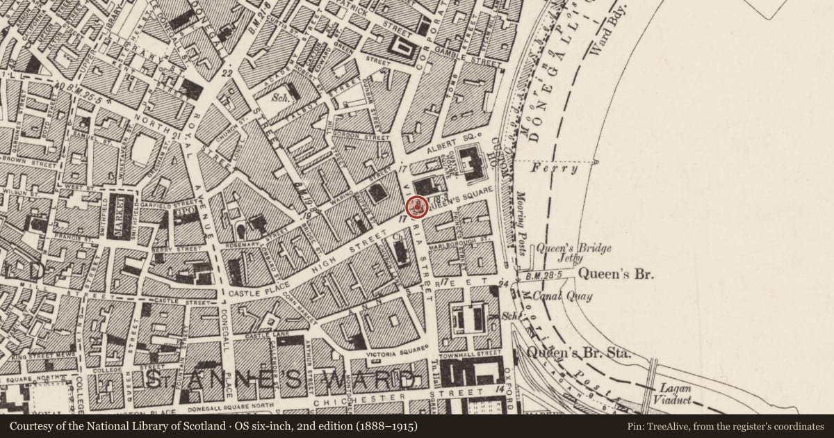 Ordnance Survey six-inch map, 2nd edition (1888–1915) covering the location of Albert Clock, Town Parks, Belfast, with a pin at the register's coordinates
