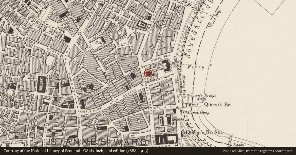 Ordnance Survey six-inch map, 2nd edition (1888–1915) covering the location of First Trust Bank, Town Parks, Belfast, with a pin at the register's coordinates
