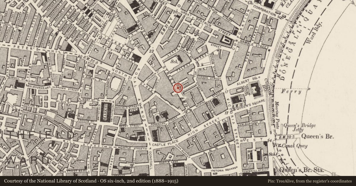 Ordnance Survey six-inch map, 2nd edition (1888–1915) covering the location of 37 Donegall Street, Belfast, with a pin at the register's coordinates