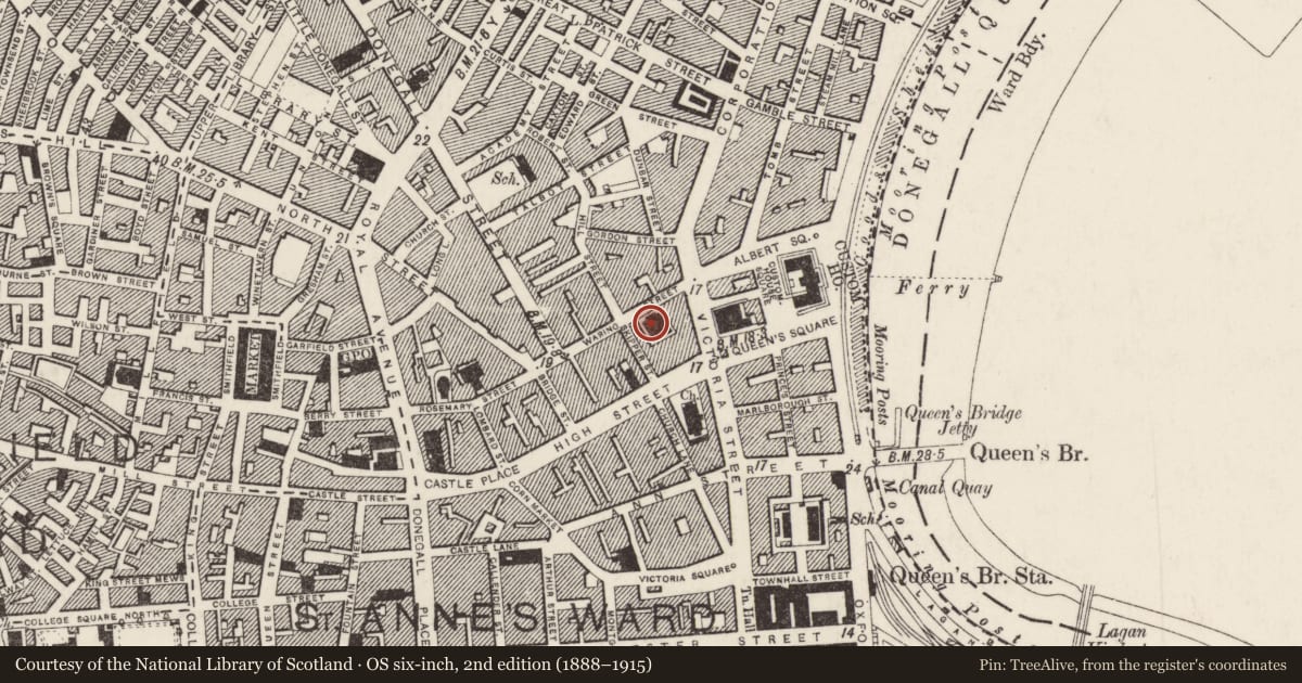 Ordnance Survey six-inch map, 2nd edition (1888–1915) covering the location of Merchant Hotel, Town Parks, Belfast, with a pin at the register's coordinates