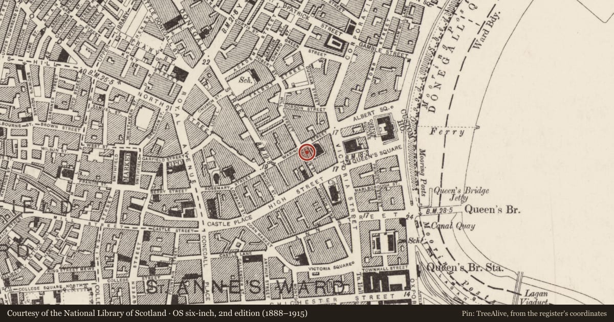 Ordnance Survey six-inch map, 2nd edition (1888–1915) covering the location of 33 Waring St. And 10-14 Skipper St., Belfast, with a pin at the register's coordinates