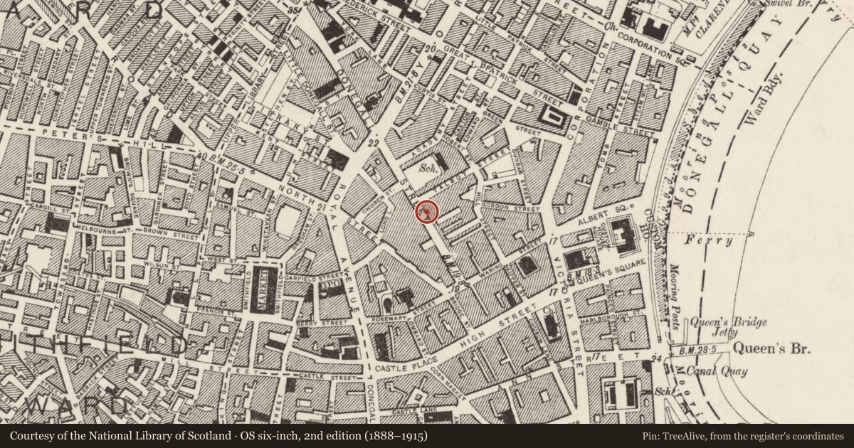 Ordnance Survey six-inch map, 2nd edition (1888–1915) covering the location of News Letter Office, Town Parks, Belfast, with a pin at the register's coordinates