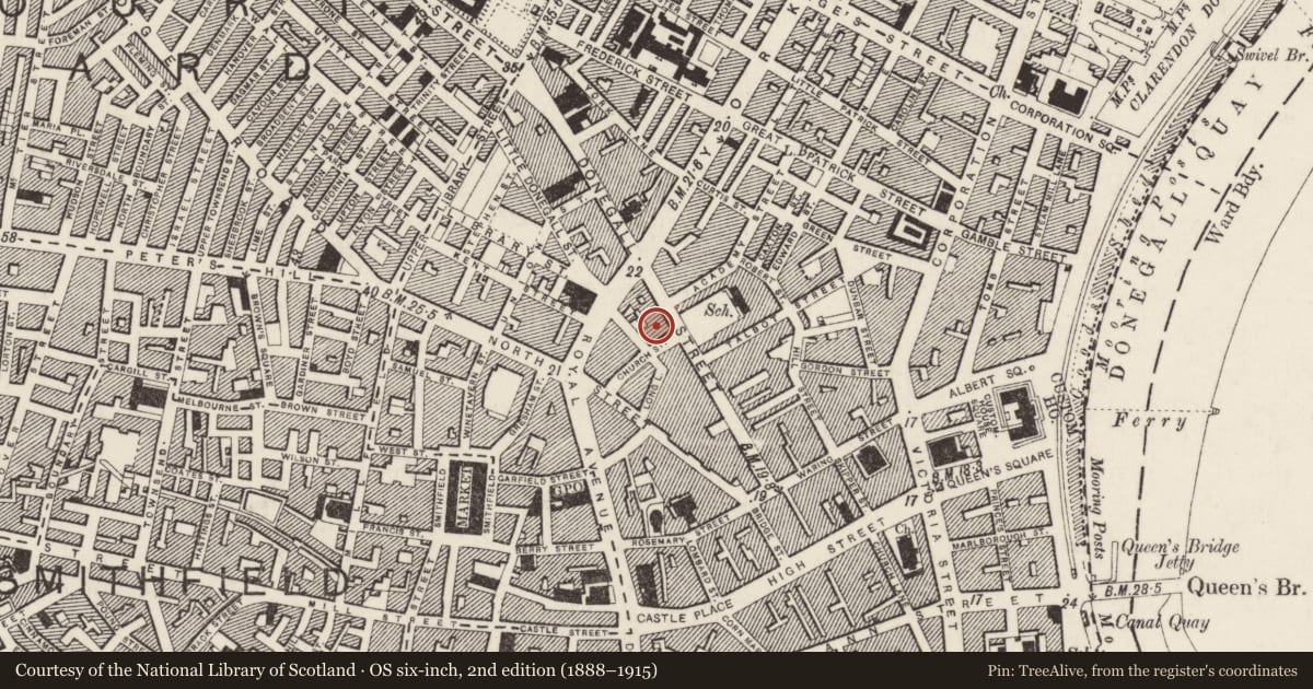Ordnance Survey six-inch map, 2nd edition (1888–1915) covering the location of 56-58 Donegall Street, Belfast, with a pin at the register's coordinates