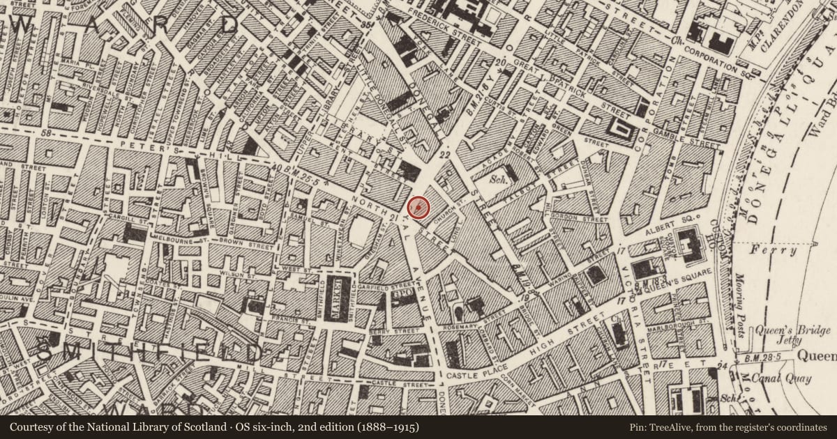 Ordnance Survey six-inch map, 2nd edition (1888–1915) covering the location of 109-111 Royal Avenue, Town Parks, Belfast, with a pin at the register's coordinates