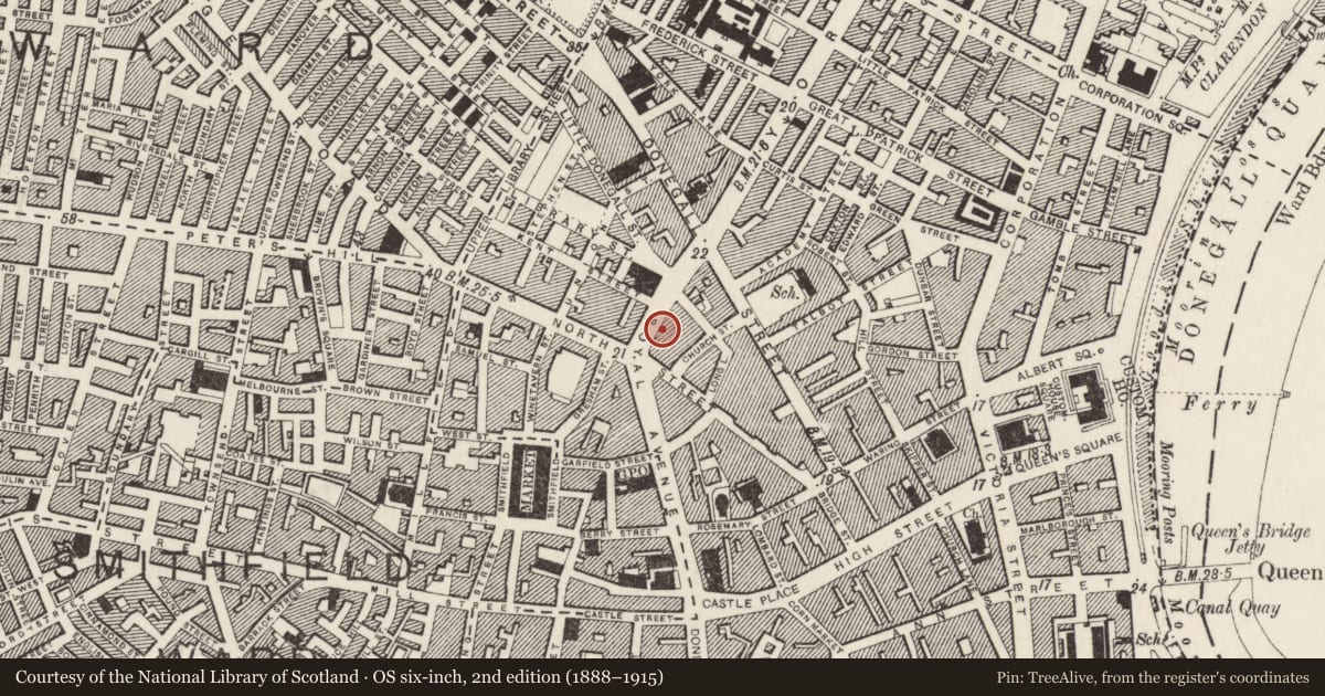 Ordnance Survey six-inch map, 2nd edition (1888–1915) covering the location of 113 Royal Avenue, Town Parks, Belfast, with a pin at the register's coordinates