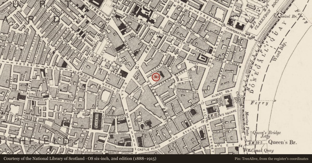 Ordnance Survey six-inch map, 2nd edition (1888–1915) covering the location of The Cathedral Church of St. Anne, Town Parks, Belfast, with a pin at the register's coordinates