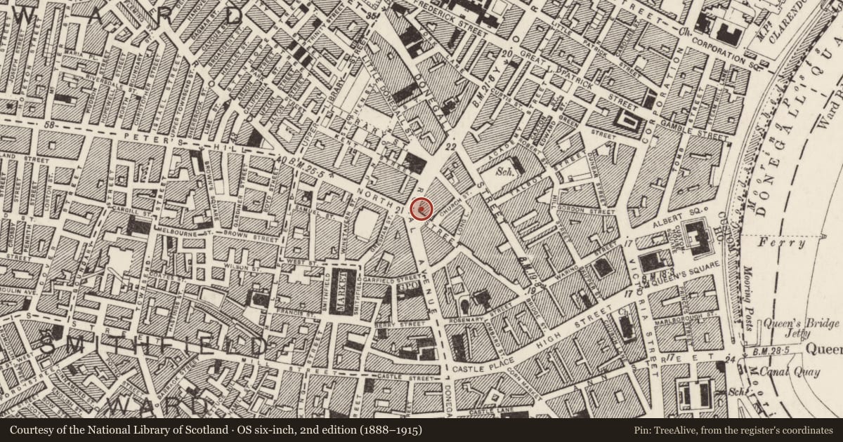 Ordnance Survey six-inch map, 2nd edition (1888–1915) covering the location of 103-107 Royal Avenue &, Town Parks, Belfast, with a pin at the register's coordinates