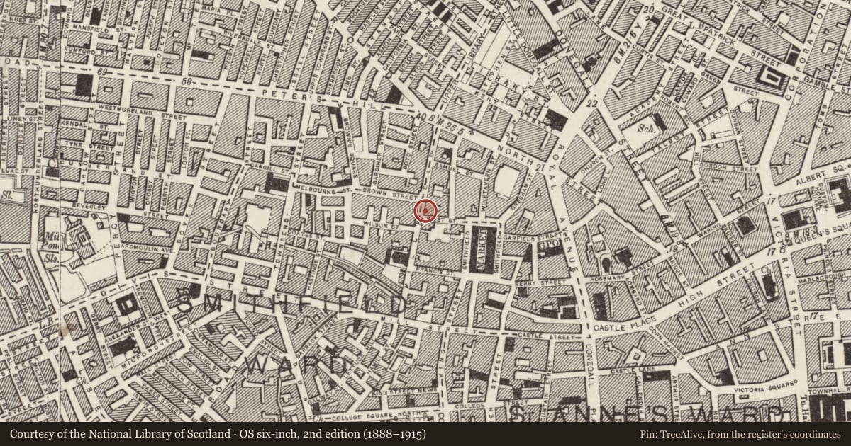 Ordnance Survey six-inch map, 2nd edition (1888–1915) covering the location of 86-88 Millfield Street, Belfast, with a pin at the register's coordinates