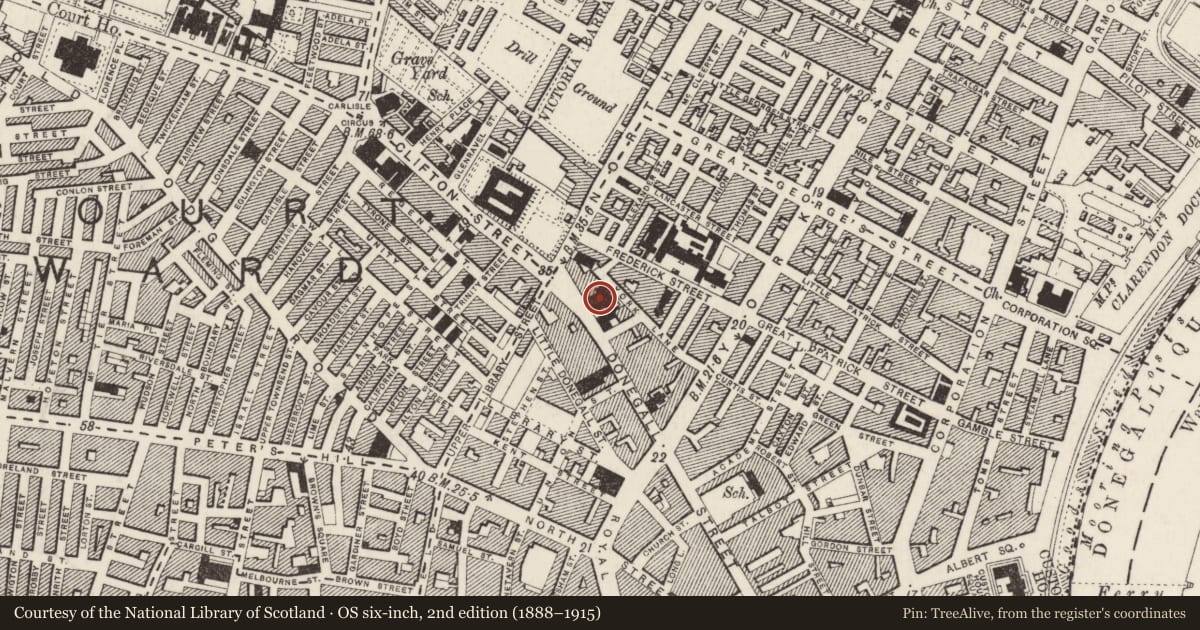Ordnance Survey six-inch map, 2nd edition (1888–1915) covering the location of St Patrick's Roman Catholic Church Donegall Street, Town Parks, Belfast, with a pin at the register's coordinates