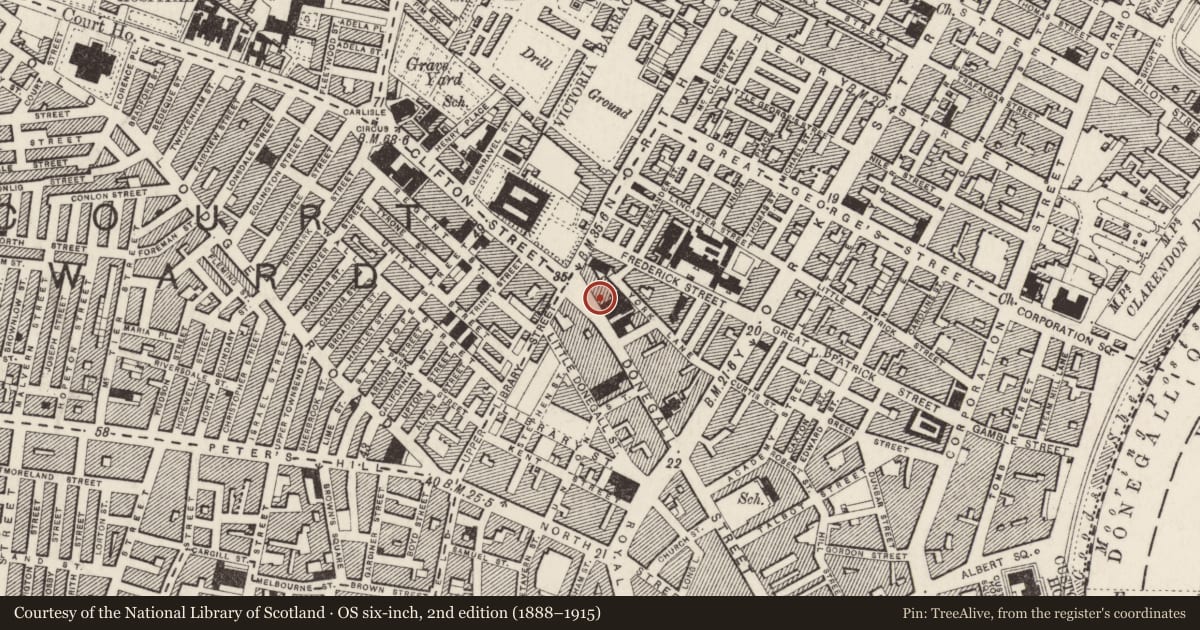 Ordnance Survey six-inch map, 2nd edition (1888–1915) covering the location of St Patrick's Parochial House, Town Parks, Belfast, with a pin at the register's coordinates