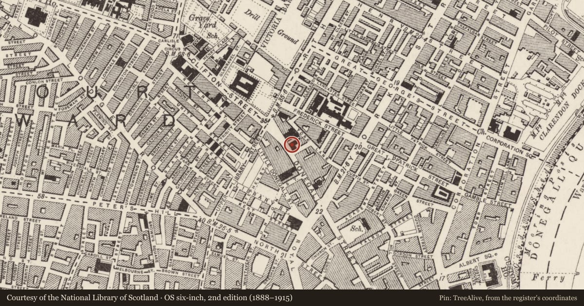 Ordnance Survey six-inch map, 2nd edition (1888–1915) covering the location of St Patrick's School, Town Parks, Belfast, with a pin at the register's coordinates
