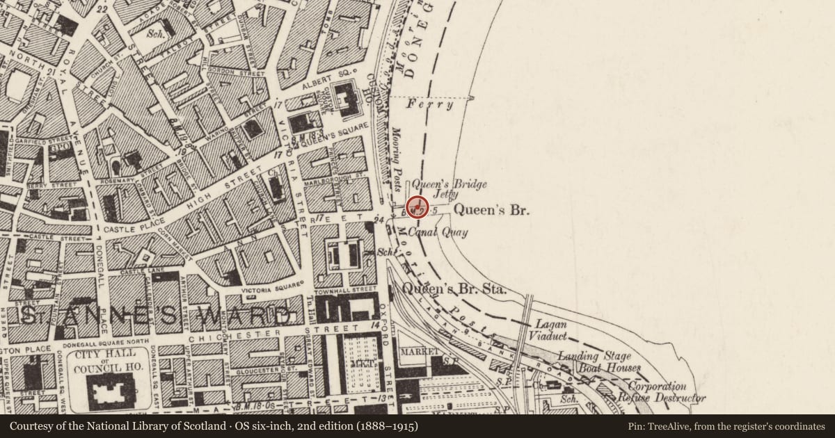 Ordnance Survey six-inch map, 2nd edition (1888–1915) covering the location of Queen's Bridge, Ballymacarret Town Parks, Belfast, with a pin at the register's coordinates
