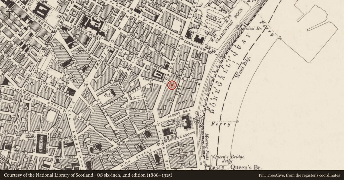 Ordnance Survey six-inch map, 2nd edition (1888–1915) covering the location of Gamble Bar, Belfast, with a pin at the register's coordinates