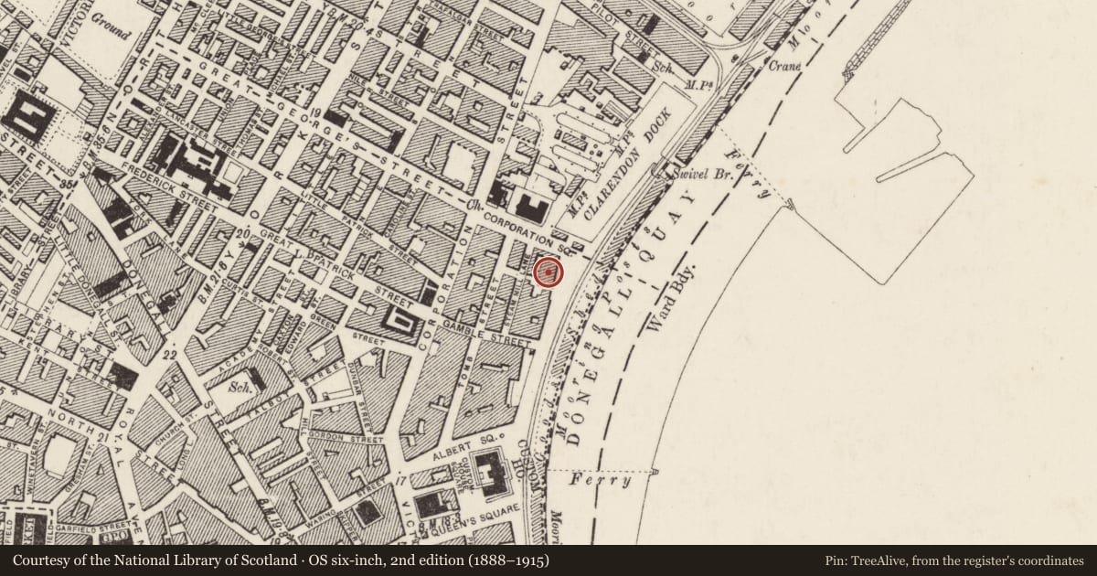 Ordnance Survey six-inch map, 2nd edition (1888–1915) covering the location of 44 Donegall Quay, Belfast, with a pin at the register's coordinates