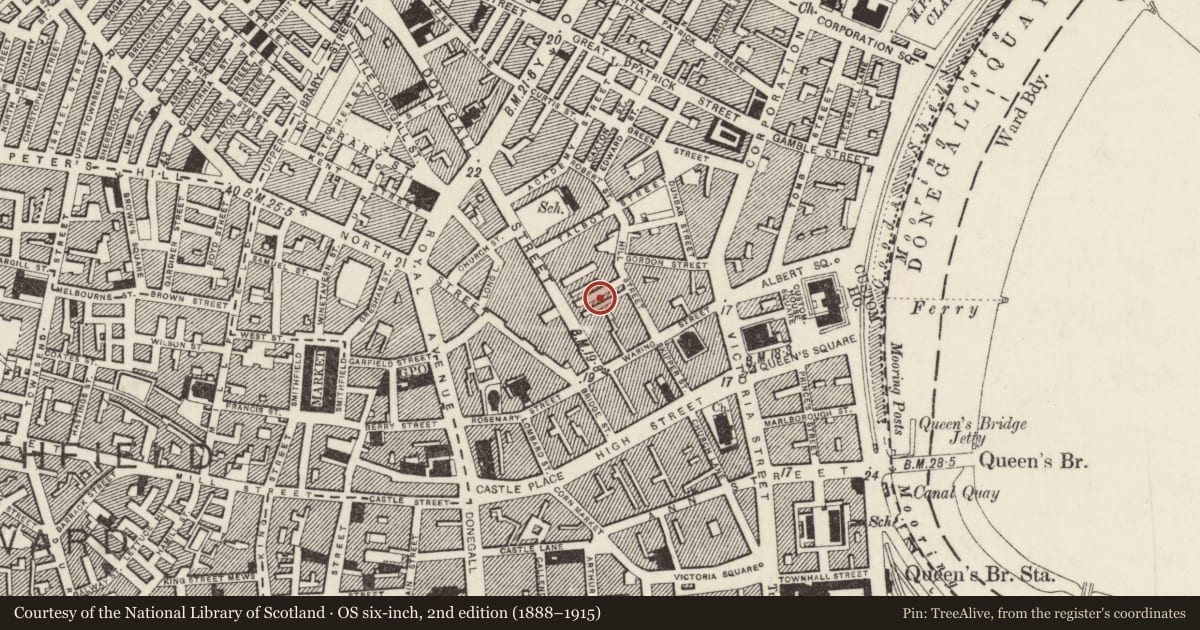 Ordnance Survey six-inch map, 2nd edition (1888–1915) covering the location of Duke of York, Belfast, with a pin at the register's coordinates