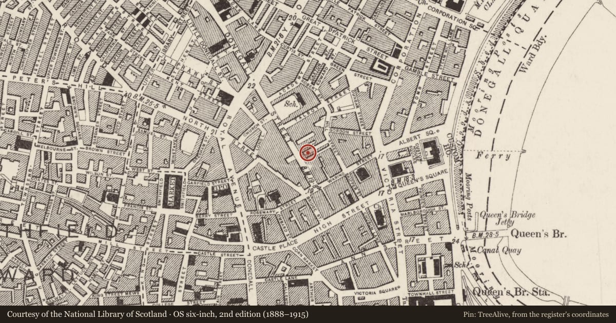 Ordnance Survey six-inch map, 2nd edition (1888–1915) covering the location of Commercial Court, Belfast, with a pin at the register's coordinates