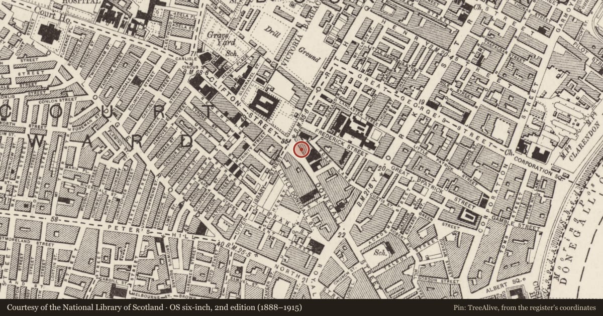 Ordnance Survey six-inch map, 2nd edition (1888–1915) covering the location of 201 Donegall Street, Town Parks, Belfast, with a pin at the register's coordinates