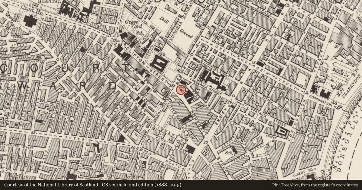 Ordnance Survey six-inch map, 2nd edition (1888–1915) covering the location of 203 Donegall Street, Town Parks, Belfast, with a pin at the register's coordinates