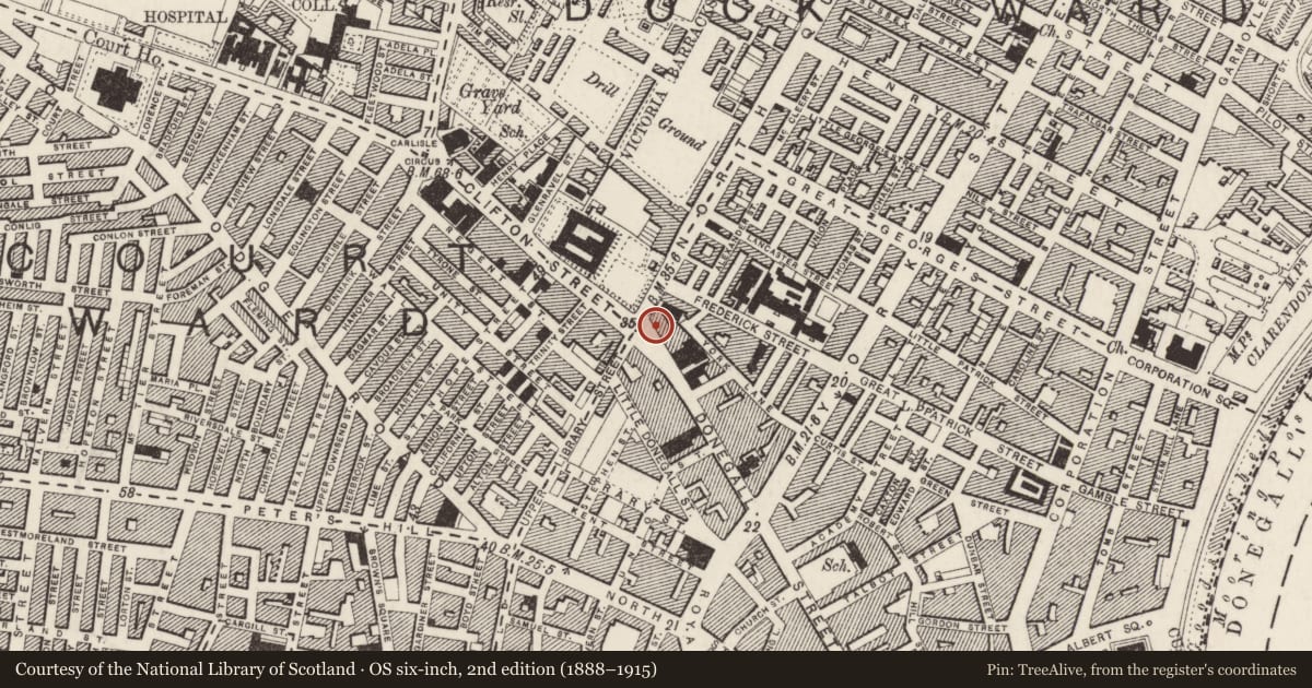 Ordnance Survey six-inch map, 2nd edition (1888–1915) covering the location of 207-215 Donegall Street, Belfast, with a pin at the register's coordinates