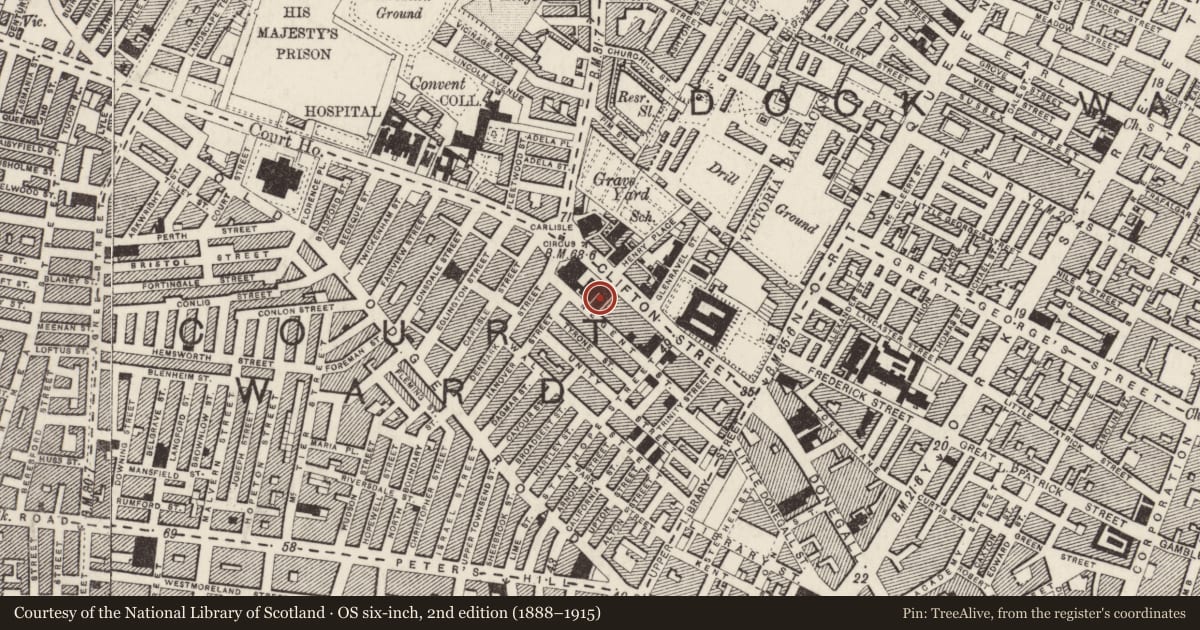 Ordnance Survey six-inch map, 2nd edition (1888–1915) covering the location of Orange Hall, Town Parks, Belfast, with a pin at the register's coordinates