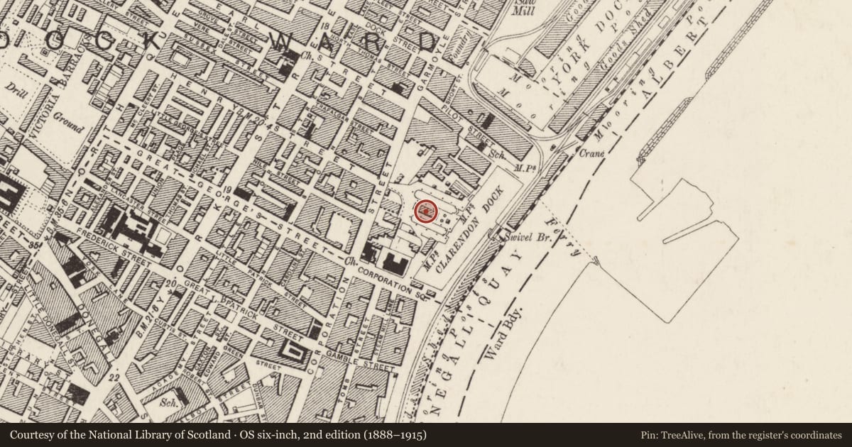 Ordnance Survey six-inch map, 2nd edition (1888–1915) covering the location of Clarendon Building, Clarendon Quay, Belfast, Co Antrim, BT1 3AL, Belfast, with a pin at the register's coordinates
