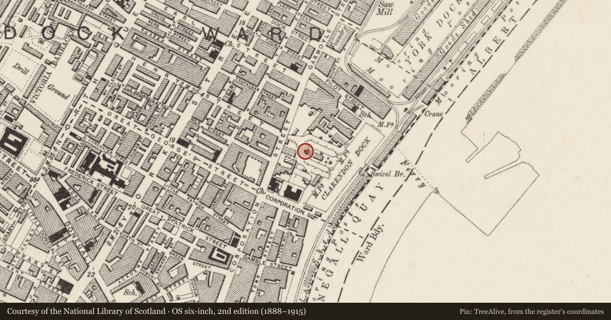 Ordnance Survey six-inch map, 2nd edition (1888–1915) covering the location of Furnace House, Clarendon Buildings, Clarendon Quay, Belfast, Co Antrim, BT1 3AL, Belfast, with a pin at the register's coordinates