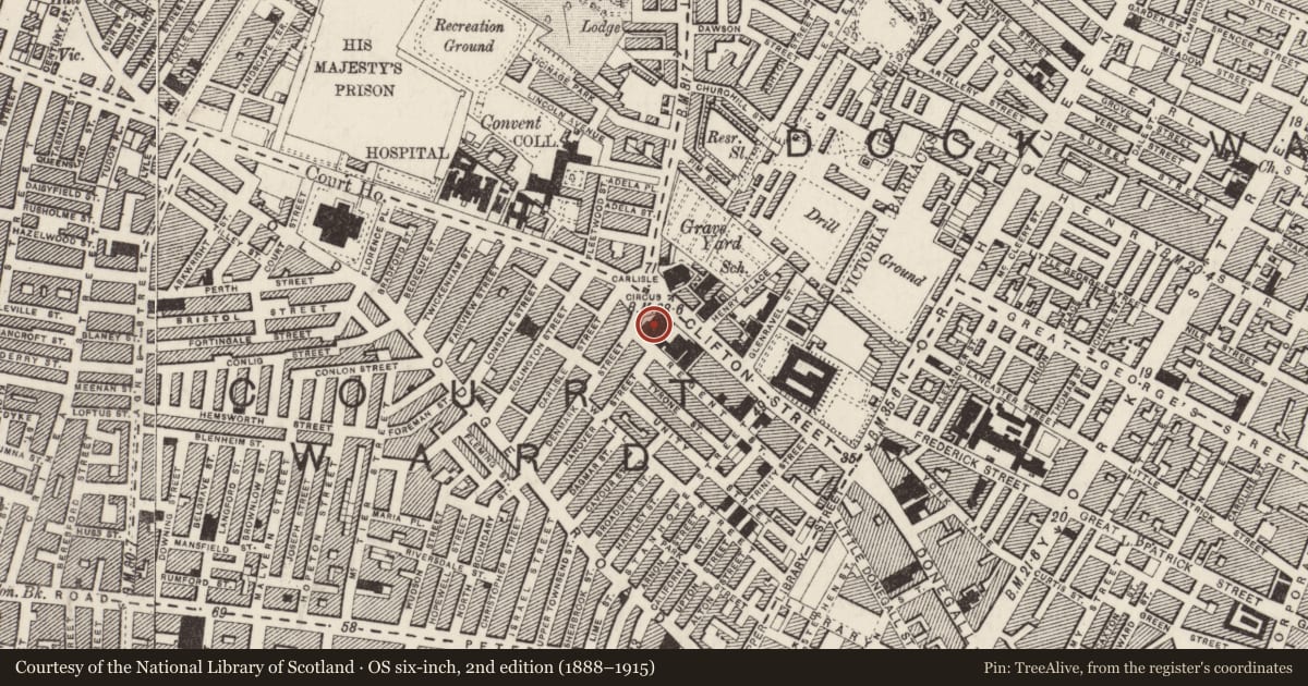 Ordnance Survey six-inch map, 2nd edition (1888–1915) covering the location of Carlisle Memorial Methodist Church, Town Parks, Belfast, with a pin at the register's coordinates
