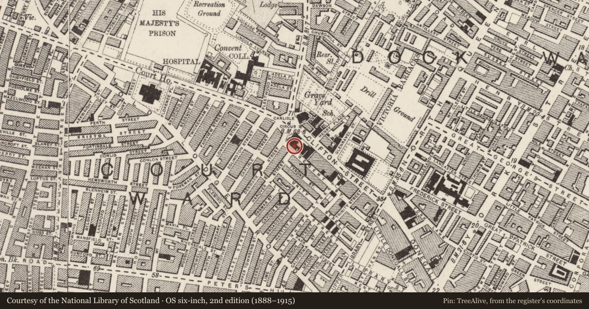 Ordnance Survey six-inch map, 2nd edition (1888–1915) covering the location of 88 Clifton Street, Town Parks, Belfast, with a pin at the register's coordinates