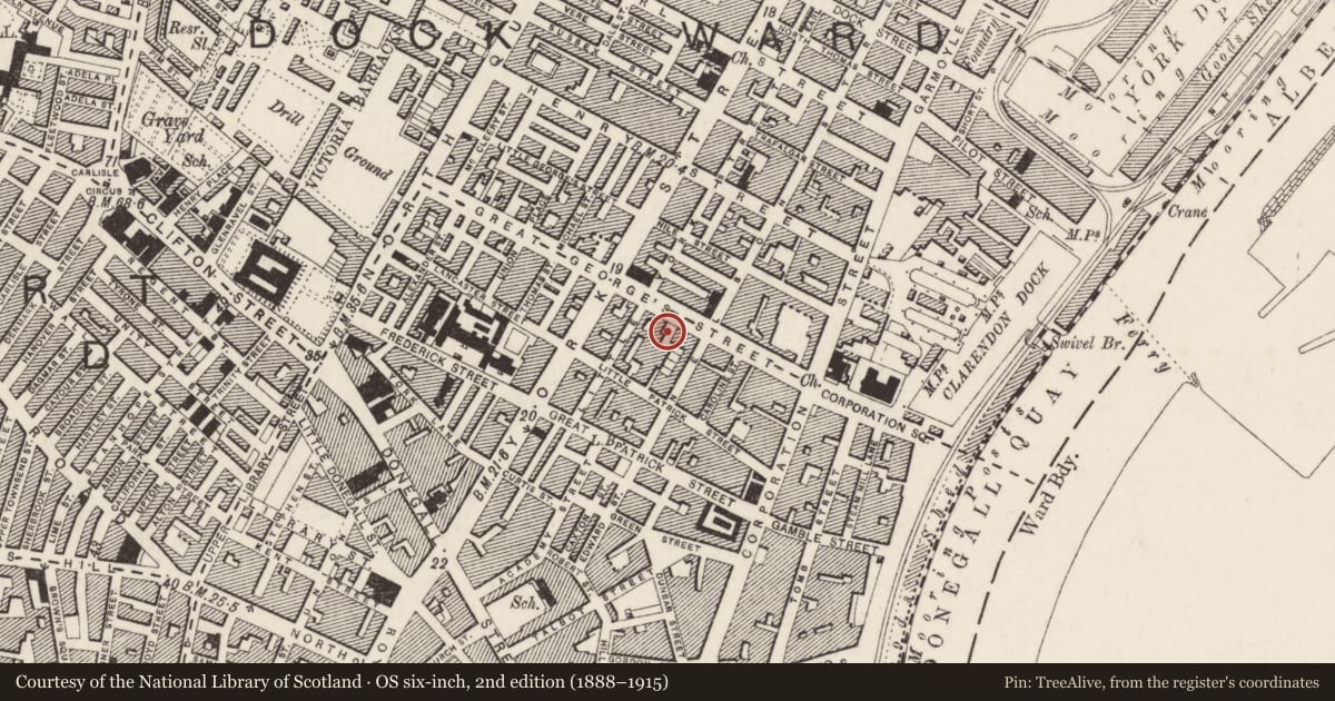 Ordnance Survey six-inch map, 2nd edition (1888–1915) covering the location of 6-14 Great George’s Street, Belfast, with a pin at the register's coordinates