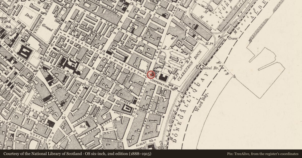 Ordnance Survey six-inch map, 2nd edition (1888–1915) covering the location of Sinclair Seamen's Presbyterian Church, Town Parks, Belfast, with a pin at the register's coordinates